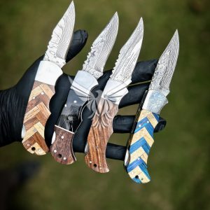 Set of 4 Handmade Stainless Steel Damascus Pocket Folding Knives